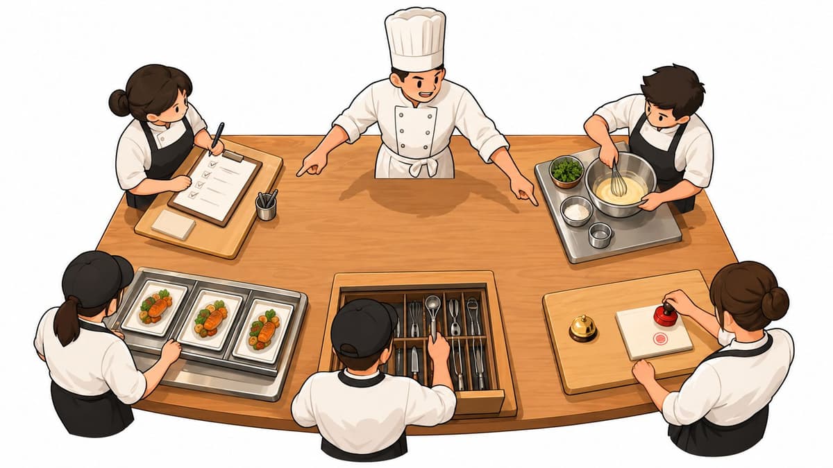 A diverse team of chefs working in a kitchen with a head chef giving instructions.