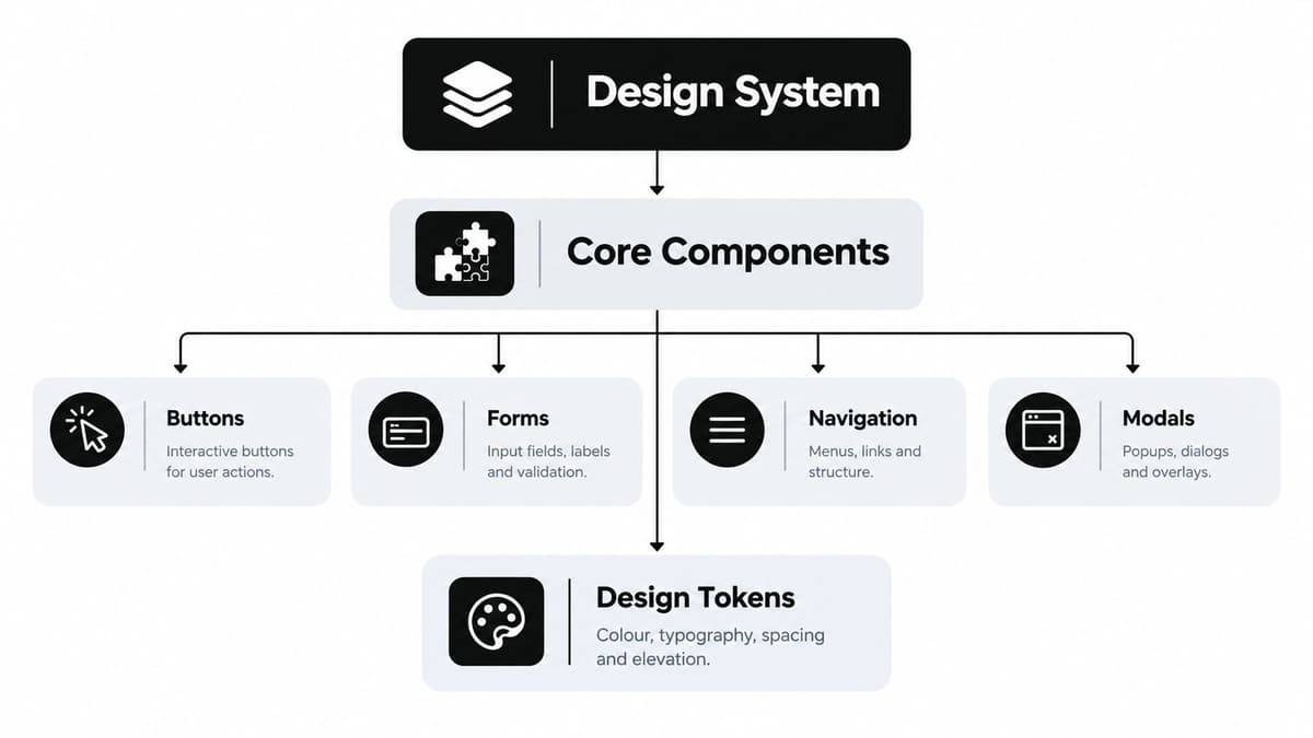A hierarchical flowchart diagram illustrating the structure of a design system for web applications.