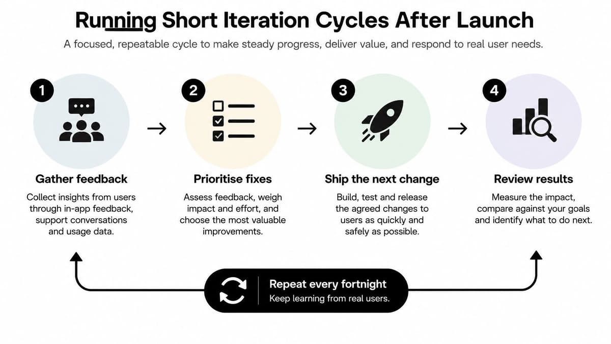 A diagram outlining a four-step iterative process for software development cycles after launching a product.
