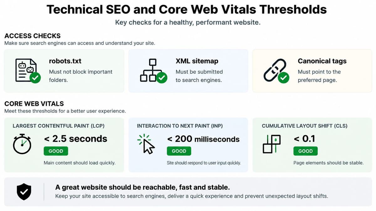 A visual guide summarizing technical SEO checklists and Core Web Vitals performance thresholds for a healthy website.