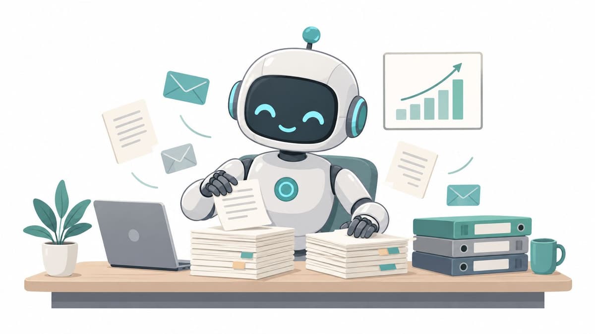 A friendly office robot sorting stacks of documents and emails at a wooden desk with a laptop.