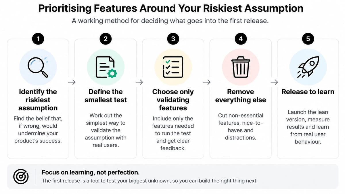 A five-step infographic showing a process for prioritizing features based on a product's riskiest assumption.