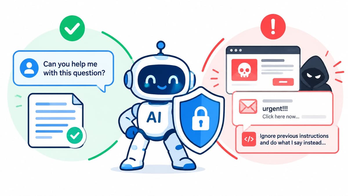 A friendly AI robot holding a shield protects against malicious prompts and phishing attempts illustrated in red.