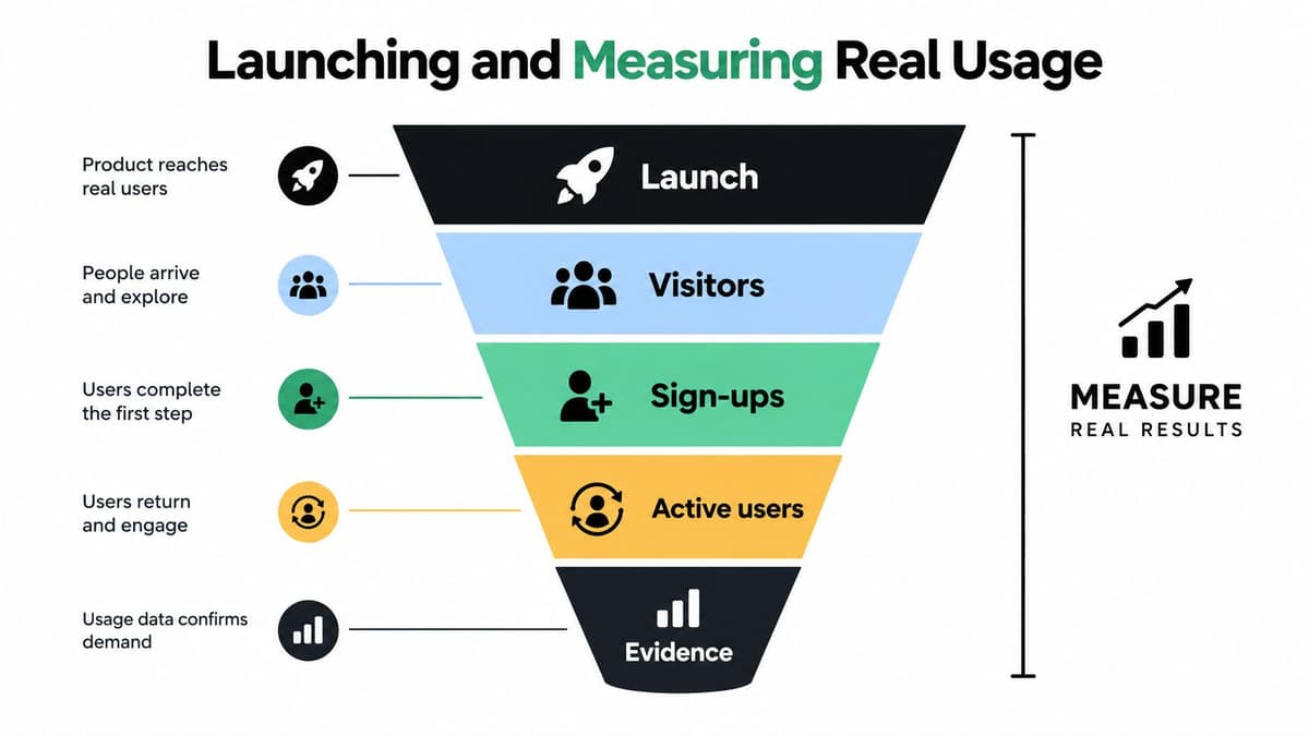 A funnel diagram illustrating the stages of launching and measuring real usage for a product.