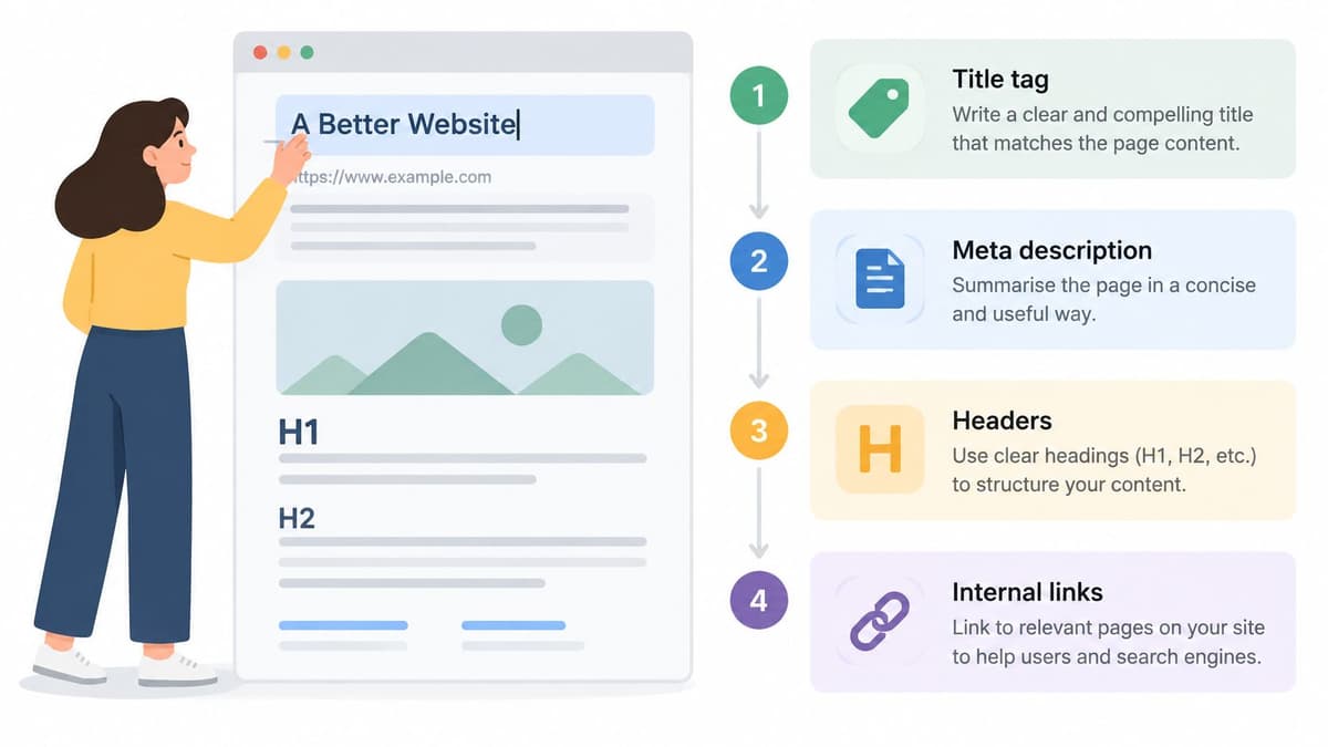 A woman illustrates the four core steps of on-page search engine optimization for website content improvement.