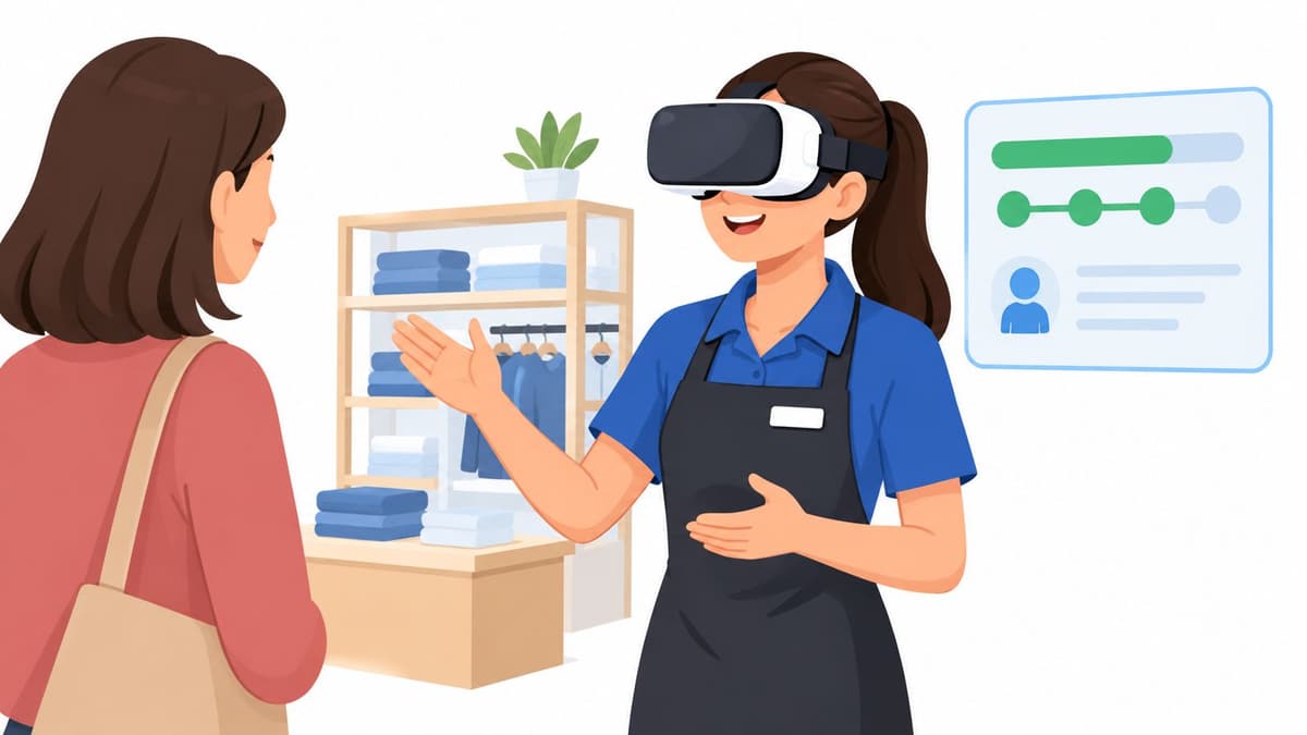 A retail store employee wearing a virtual reality headset while assisting a customer with digital interface feedback.