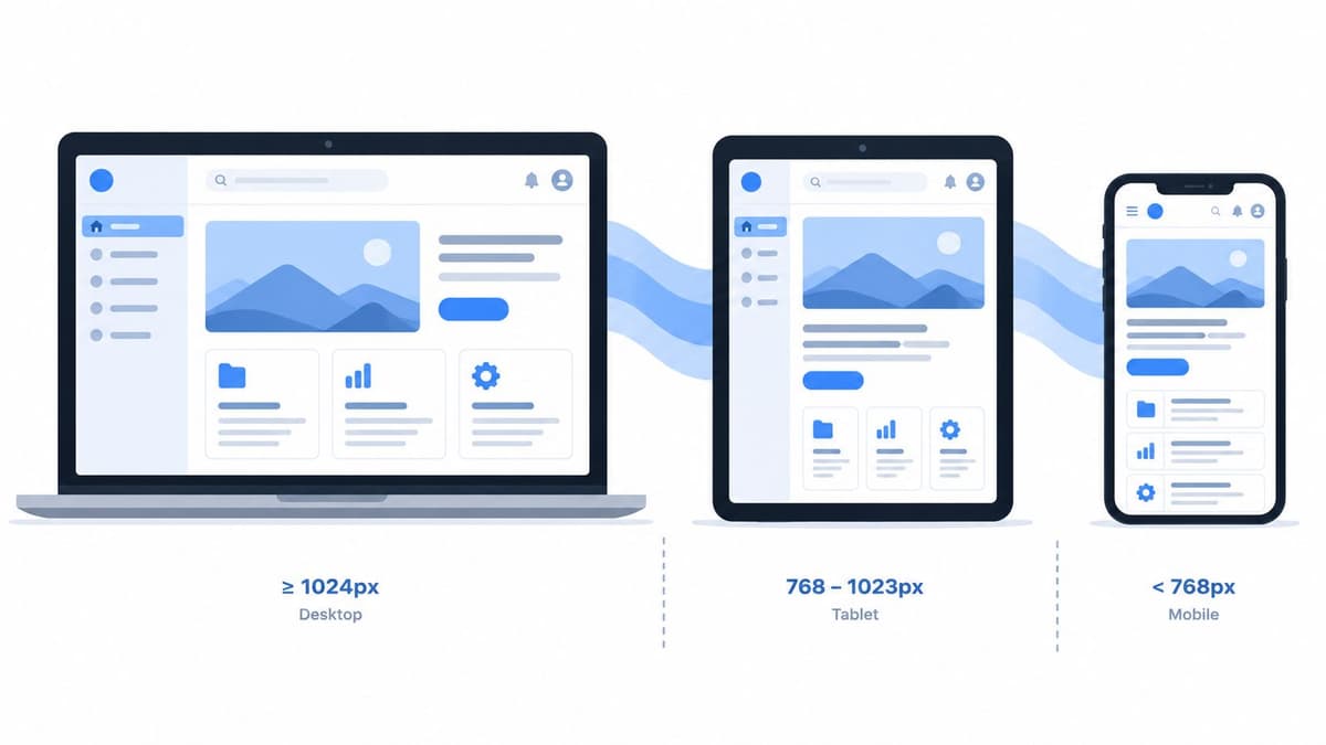 A diagram illustrating responsive web application UI design across desktop, tablet, and mobile screen sizes.
