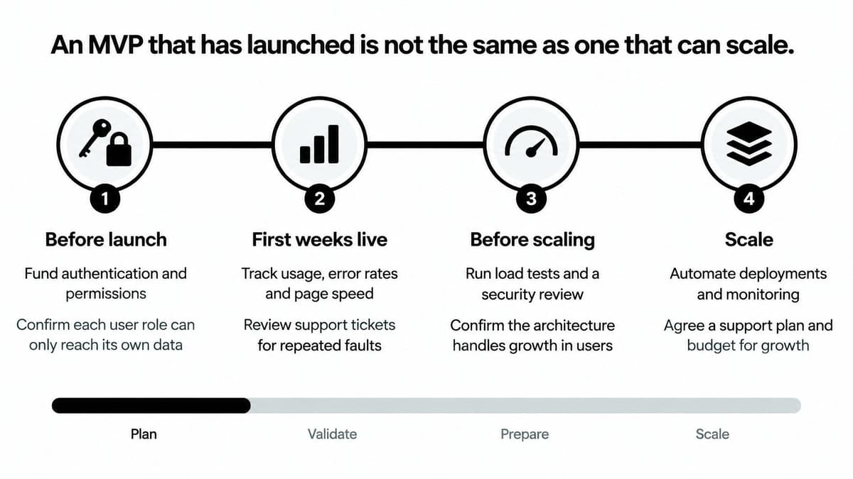 A four-step roadmap diagram illustrating the lifecycle from launching an MVP to scaling a web application.