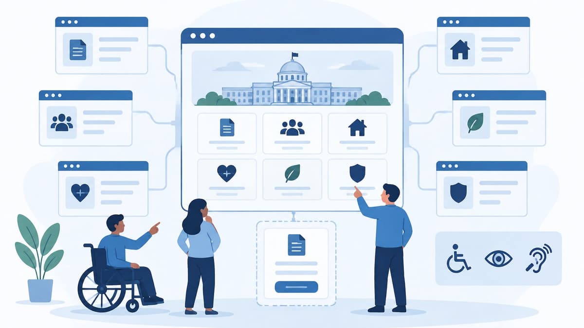 A diverse group of people collaborating on a government software interface design on a large digital screen.