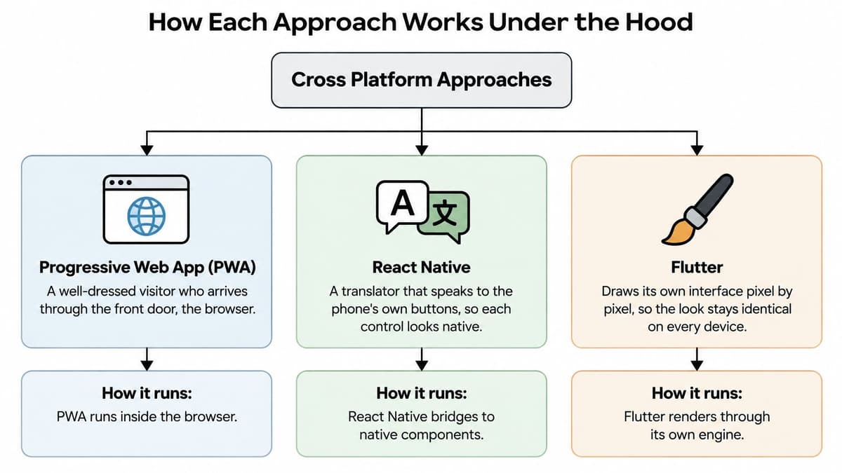 A diagram comparing how Progressive Web Apps, React Native, and Flutter function under the hood.