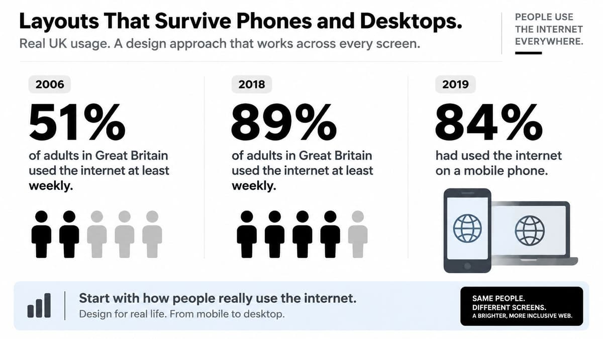 A data graphic showing the growth of weekly internet usage among UK adults from 2006 to 2019.