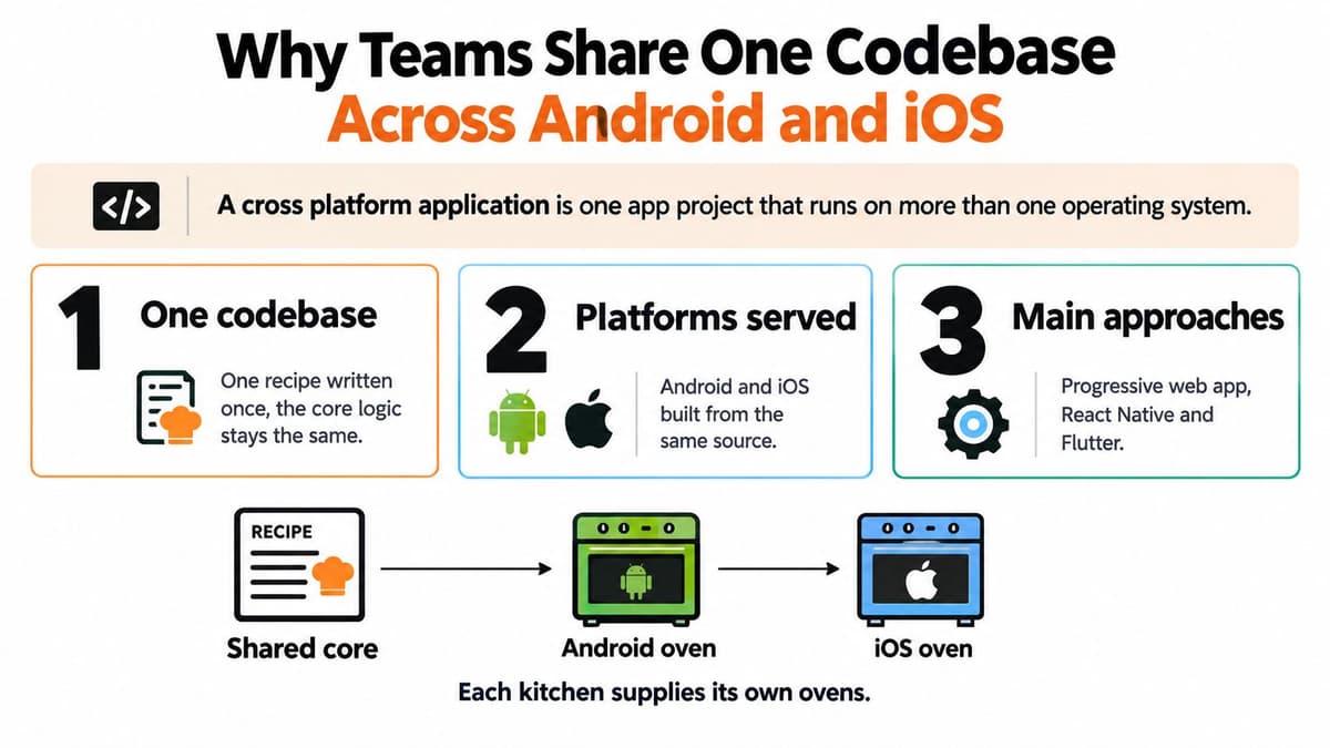 An infographic explaining cross-platform application development where one codebase serves both Android and iOS platforms.