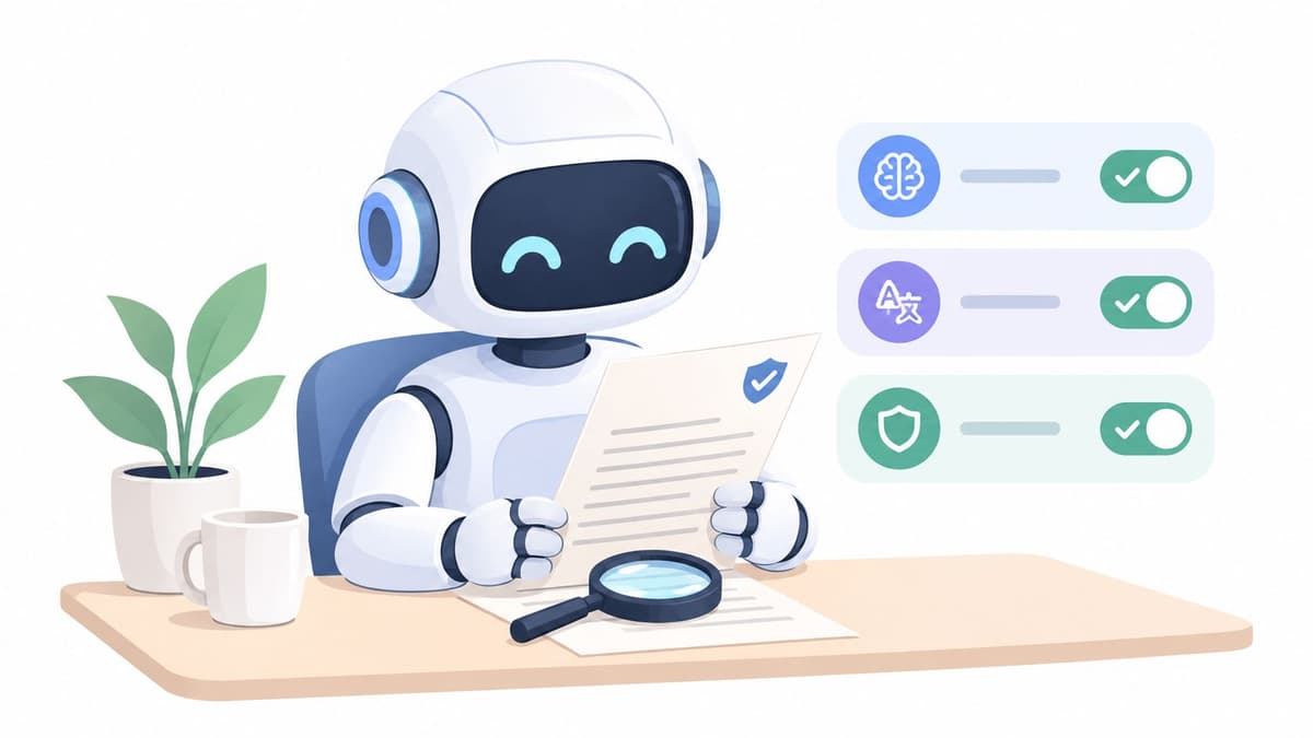 A cute cartoon robot sits at a desk, examining a document with a magnifying glass while checking settings.