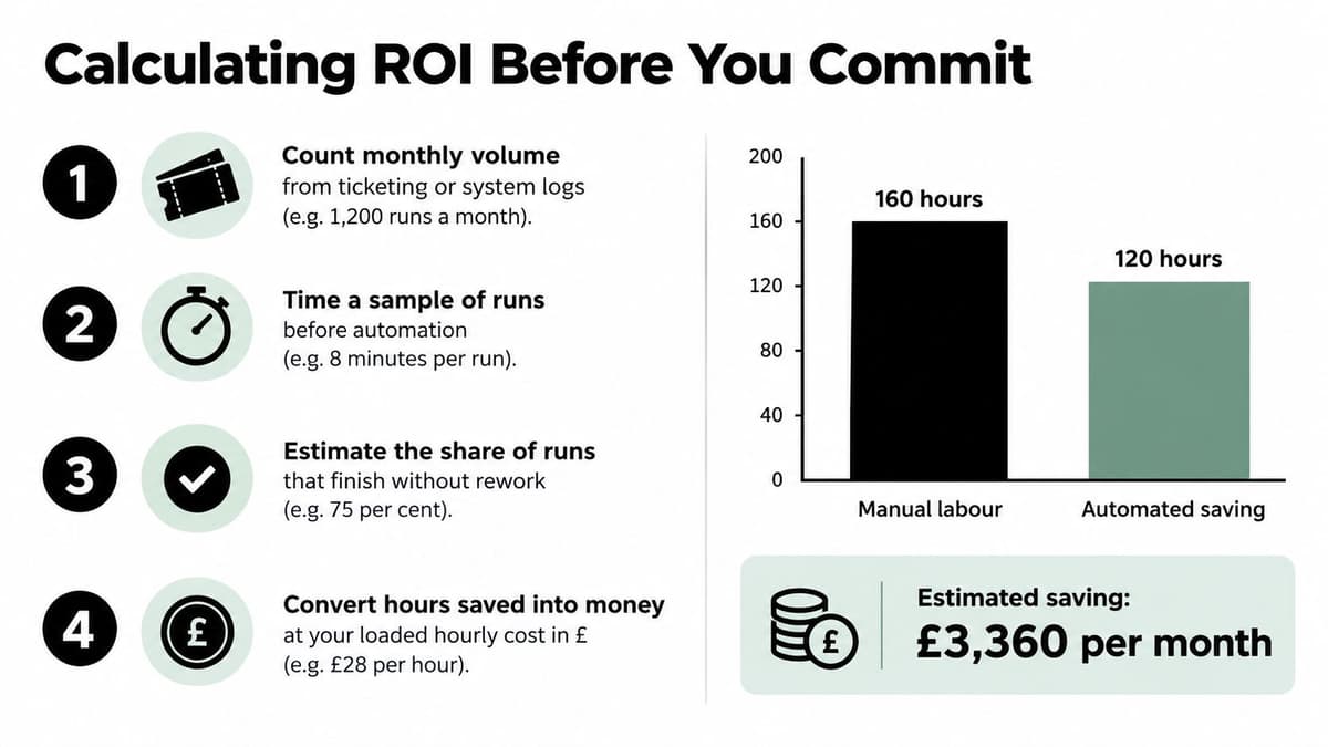 A four-step infographic showing how to calculate ROI for business automation with cost savings examples.