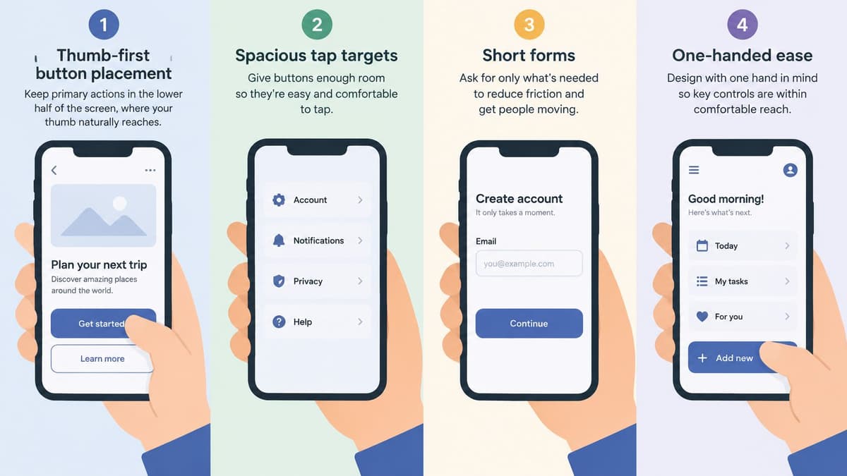 An infographic illustrating four mobile design principles for creating user-friendly, one-handed smartphone interfaces.