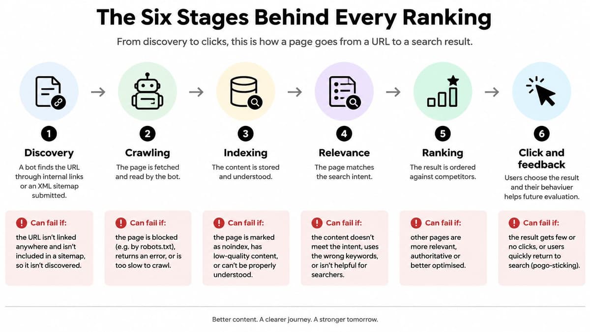 A flow chart illustrating the six steps of SEO from discovery to user clicks and feedback.