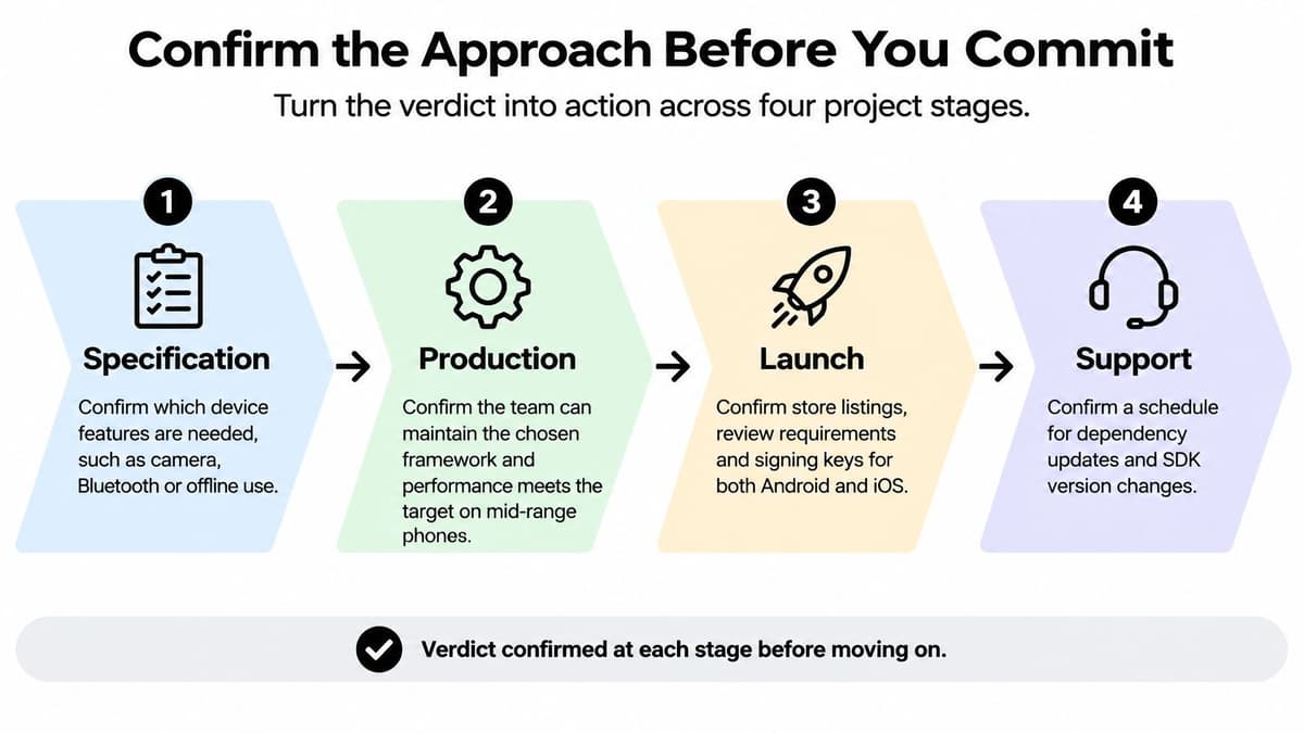 A diagram outlining the four stages of cross-platform application development: Specification, Production, Launch, and Support.