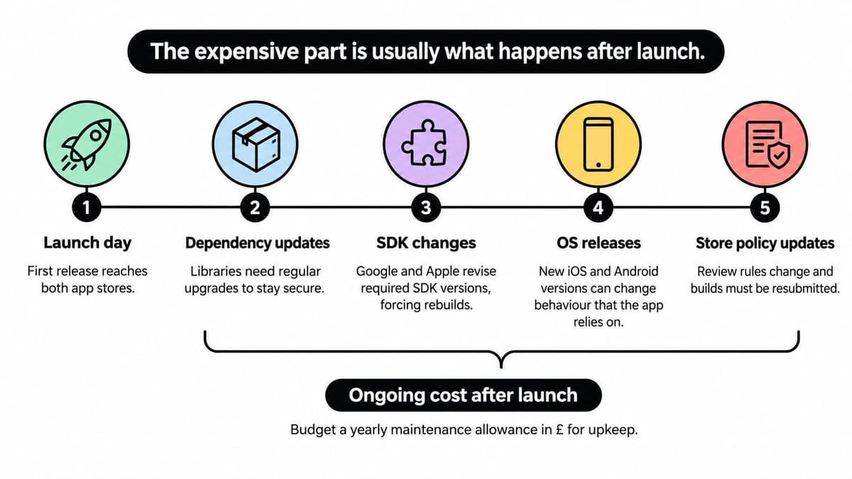 A diagram illustrating the ongoing maintenance costs for mobile applications after the initial launch phase.