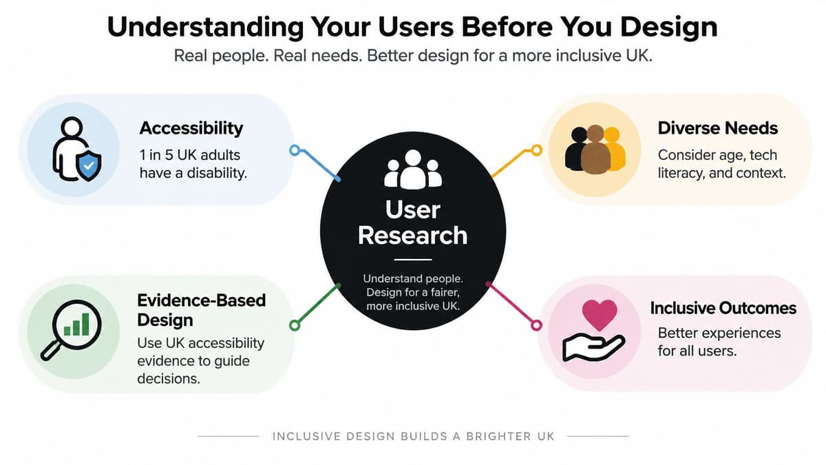 A diagram titled User Research illustrating key concepts for inclusive web design in the UK.
