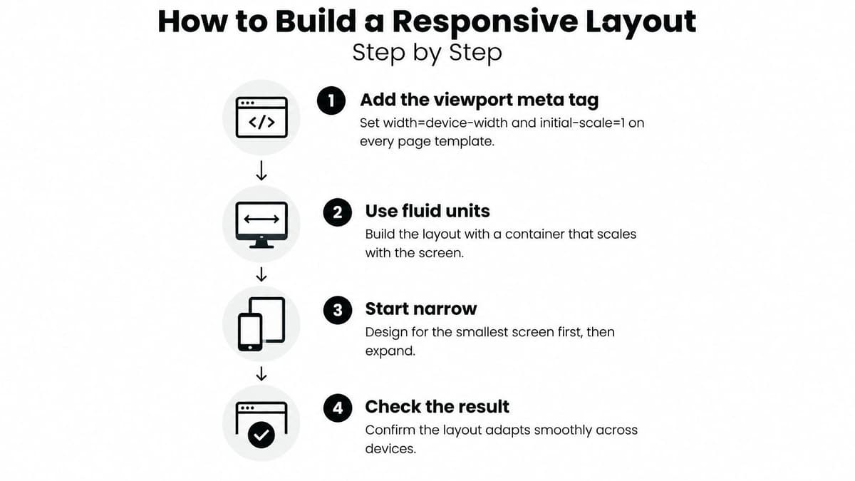 A four-step infographic illustrating how to build a responsive web layout for modern, mobile-friendly websites.