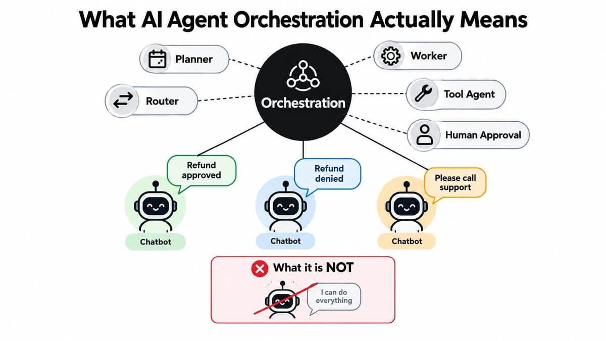 A diagram illustrating AI agent orchestration with a central hub connecting specialized agents and human approval steps.