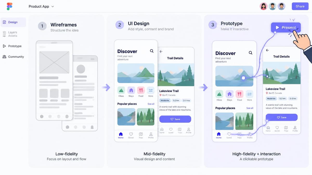 A diagram illustrating the web application UI design process from wireframes to high-fidelity interactive prototypes.