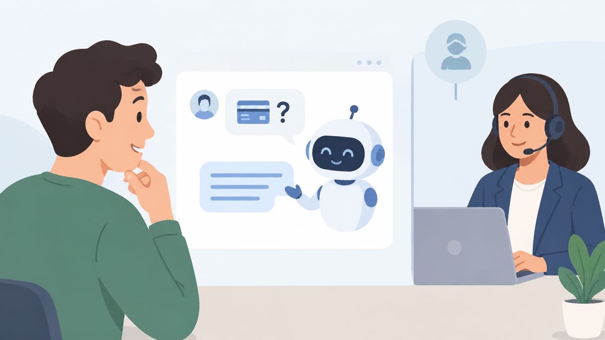 A man consulting with a customer service agent while a chatbot interface displays payment inquiries on screen.